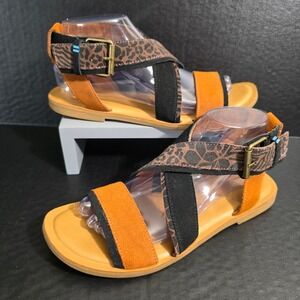 TOMS Lexie Sandals Womens 8 Orange Black Animal Print Suede Flat Strappy